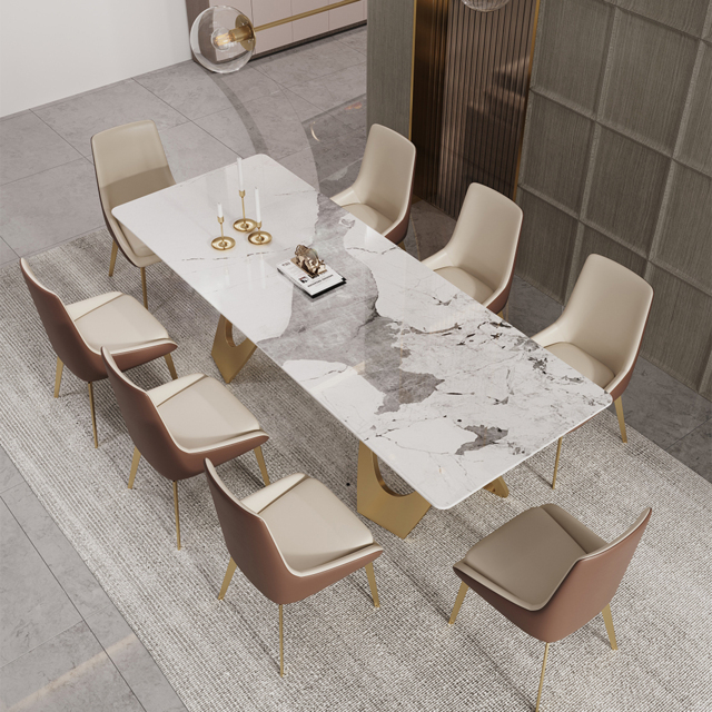 2000mm Contemporary Rectangle Dining Table in Gold for 8 Seaters with Stone Top - image 1