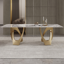 2000mm Contemporary Rectangle Dining Table in Gold for 8 Seaters with Stone Top - thumbnail 2