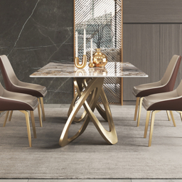 2000mm Contemporary Rectangle Dining Table in Gold for 8 Seaters with Stone Top - thumbnail 7