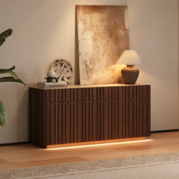 Aura 165 cm Ash Wood Slatted Walnut TV Stand with Sintered Stone Top - thumbnail 1