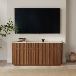 Aura 165 cm Ash Wood Slatted Walnut TV Stand with Sintered Stone Top - thumbnail 4