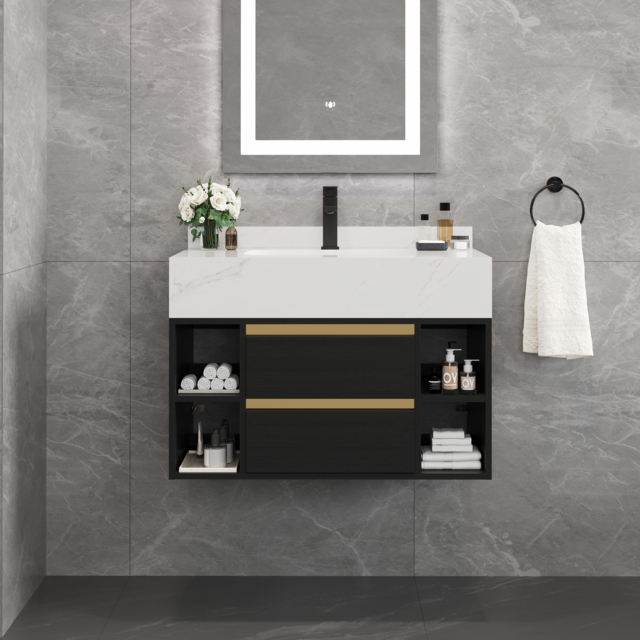 80 cm Floating Bathroom Vanity Set with Ceramic Basin 2 Drawers & Open Shelves in Black - image 1