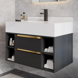 80 cm Floating Bathroom Vanity Set with Ceramic Basin 2 Drawers & Open Shelves in Black - thumbnail 2