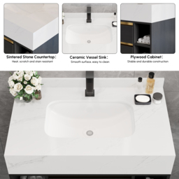 80 cm Floating Bathroom Vanity Set with Ceramic Basin 2 Drawers & Open Shelves in Black - thumbnail 5