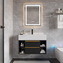 80 cm Floating Bathroom Vanity Set with Ceramic Basin 2 Drawers & Open Shelves in Black - thumbnail 4