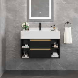 80 cm Floating Bathroom Vanity Set with Ceramic Basin 2 Drawers & Open Shelves in Black - thumbnail 1
