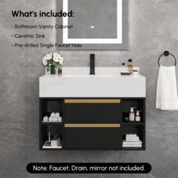 80 cm Floating Bathroom Vanity Set with Ceramic Basin 2 Drawers & Open Shelves in Black - thumbnail 8