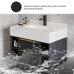 80 cm Floating Bathroom Vanity Set with Ceramic Basin 2 Drawers & Open Shelves in Black - thumbnail 9
