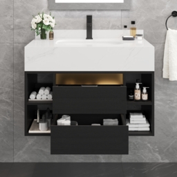 80 cm Floating Bathroom Vanity Set with Ceramic Basin 2 Drawers & Open Shelves in Black - thumbnail 3