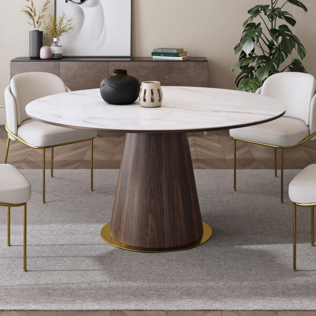 Round Dining Table Sintered Stone Top Wooden Base for 6 Mid-Century Modern - image 1
