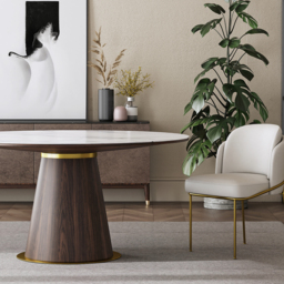 Round Dining Table Sintered Stone Top Wooden Base for 6 Mid-Century Modern - thumbnail 9