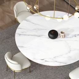 Round Dining Table Sintered Stone Top Wooden Base for 6 Mid-Century Modern - thumbnail 3