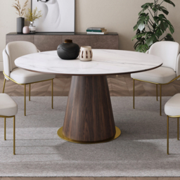 Round Dining Table Sintered Stone Top Wooden Base for 6 Mid-Century Modern - thumbnail 1