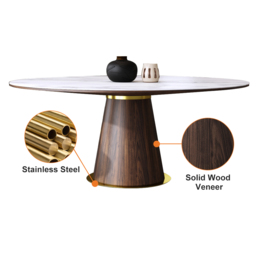 Round Dining Table Sintered Stone Top Wooden Base for 6 Mid-Century Modern - thumbnail 4