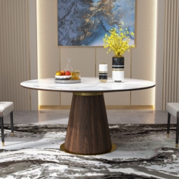 Round Dining Table Sintered Stone Top Wooden Base for 6 Mid-Century Modern - thumbnail 7