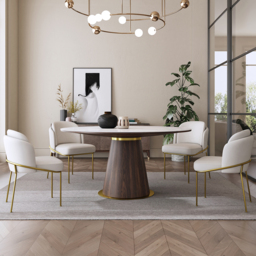 Round Dining Table Sintered Stone Top Wooden Base for 6 Mid-Century Modern - thumbnail 2