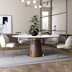 Round Dining Table Sintered Stone Top Wooden Base for 6 Mid-Century Modern - thumbnail 8