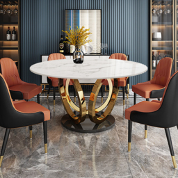 "59.1"" Contemporary Round Dining Table with Faux Marble Top in White & Gold" - thumbnail 3