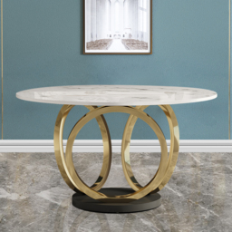 "59.1"" Contemporary Round Dining Table with Faux Marble Top in White & Gold" - thumbnail 2