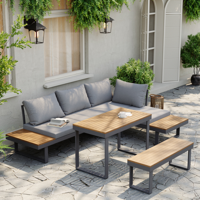 4 PCS Modular Outdoor  Acacia Sectional Sofa Set with Cushion and Side Table, 4 PCS Versatile L-Shaped Modular Sectional Sofa Set for Patio&Yard - image 1