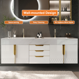 70 cm Wall Mounted Bathroom Vanity Faux Marble Top with Double Sink White - thumbnail 6