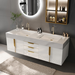 70 cm Wall Mounted Bathroom Vanity Faux Marble Top with Double Sink White - thumbnail 3