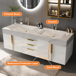 70 cm Wall Mounted Bathroom Vanity Faux Marble Top with Double Sink White - thumbnail 4