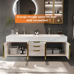 70 cm Wall Mounted Bathroom Vanity Faux Marble Top with Double Sink White - thumbnail 5
