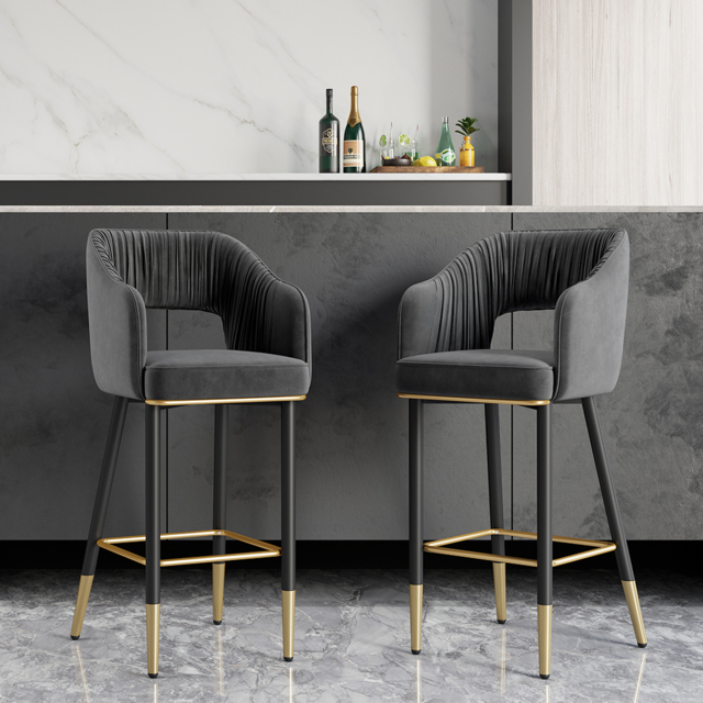 Modern Gray Velvet Upholstered Bar Stool with Low Back & Footrest - image 1
