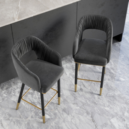 Modern Gray Velvet Upholstered Bar Stool with Low Back & Footrest - thumbnail 2