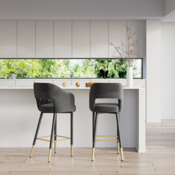 Modern Gray Velvet Upholstered Bar Stool with Low Back & Footrest - thumbnail 3
