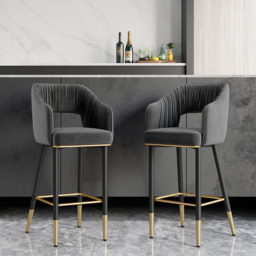 Modern Gray Velvet Upholstered Bar Stool with Low Back & Footrest - thumbnail 1