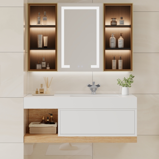 1000mm Modern Floating Bathroom Vanity Set With Single Basin Wall-Mount White & Natural - image 1