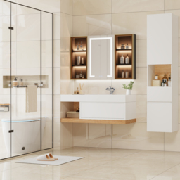 1000mm Modern Floating Bathroom Vanity Set With Single Basin Wall-Mount White & Natural - thumbnail 3