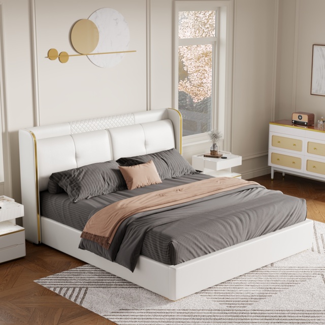 Queen Upholstered Platform Bed with Faux Leather Wingback Headboard in Off-White - image 1