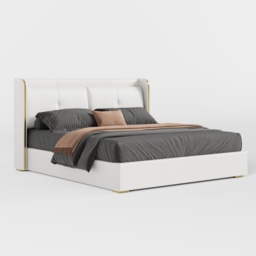 Queen Upholstered Platform Bed with Faux Leather Wingback Headboard in Off-White - thumbnail 9