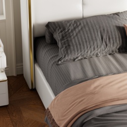 Queen Upholstered Platform Bed with Faux Leather Wingback Headboard in Off-White - thumbnail 7