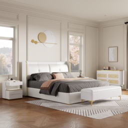 Queen Upholstered Platform Bed with Faux Leather Wingback Headboard in Off-White - thumbnail 4