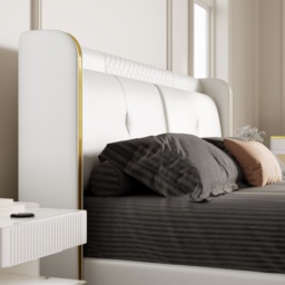 Queen Upholstered Platform Bed with Faux Leather Wingback Headboard in Off-White - thumbnail 6