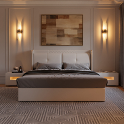 Queen Upholstered Platform Bed with Faux Leather Wingback Headboard in Off-White - thumbnail 3