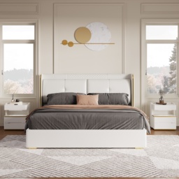 Queen Upholstered Platform Bed with Faux Leather Wingback Headboard in Off-White - thumbnail 2