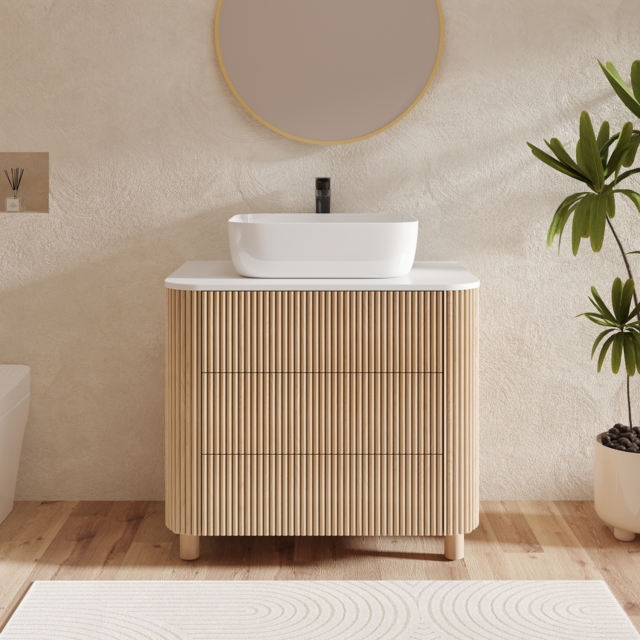 80 cm Fluted Freestanding Bathroom Vanity with Vessel Sink, 3-Drawers, Sintered Stone top - image 1