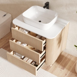 "32"" Fluted Freestanding Bathroom Vanity with Vessel Sink, 3-Drawers, Sintered Stone top" - thumbnail 3