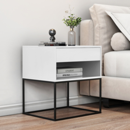 White Lacquer Bedside Table with 1 Drawer with Stainless Steel Frame