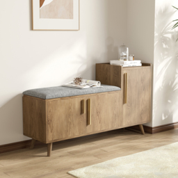 Shoe Storage Entryway Bench with Right-Side Cabinet Engineered Wood Shoe Rack in Walnut (120 cm)