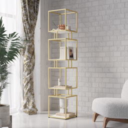 4-Tier Modern Simple Gold Cube Bookcase with Metal Tower Display Tall Wooden Bookshelf - thumbnail 1