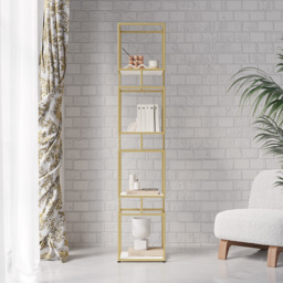 4-Tier Modern Simple Gold Cube Bookcase with Metal Tower Display Tall Wooden Bookshelf - thumbnail 2