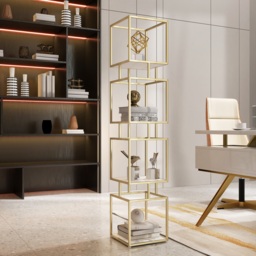 4-Tier Modern Simple Gold Cube Bookcase with Metal Tower Display Tall Wooden Bookshelf - thumbnail 5
