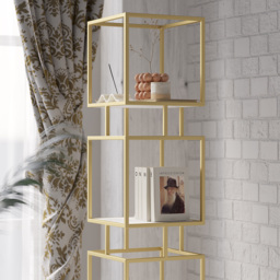 4-Tier Modern Simple Gold Cube Bookcase with Metal Tower Display Tall Wooden Bookshelf - thumbnail 3