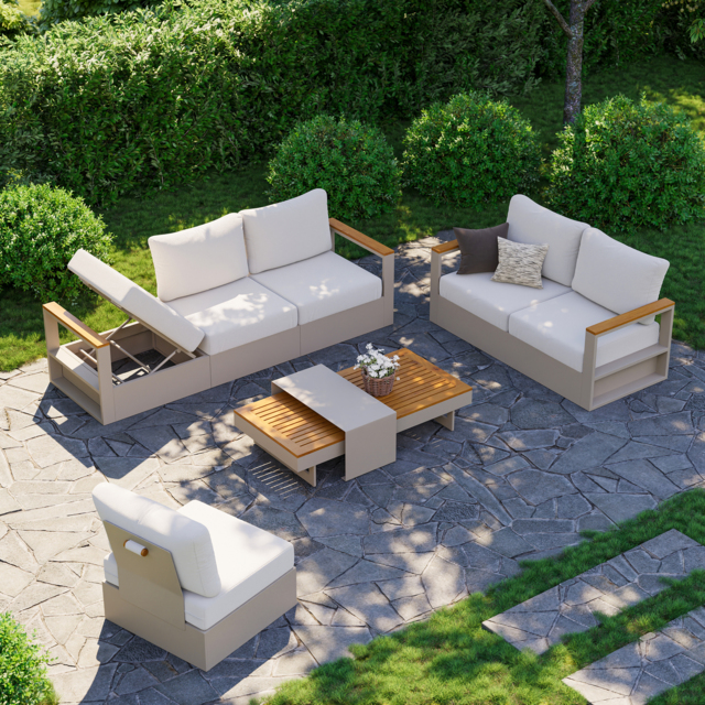 Convertible Outdoor Sectional Sofa Set with Teak & Aluminium Frame, Sand & Warm White (4-Piece) - image 1